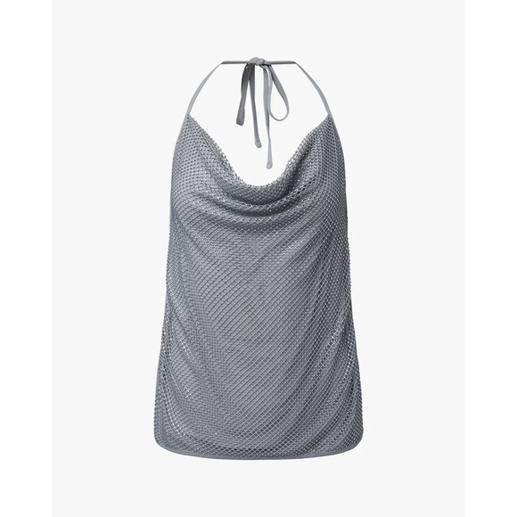 WeWoreWhat NEW Crystal Cowl Neck Backless Halter Top in Silver‎ Size Large - Picture 1 of 5